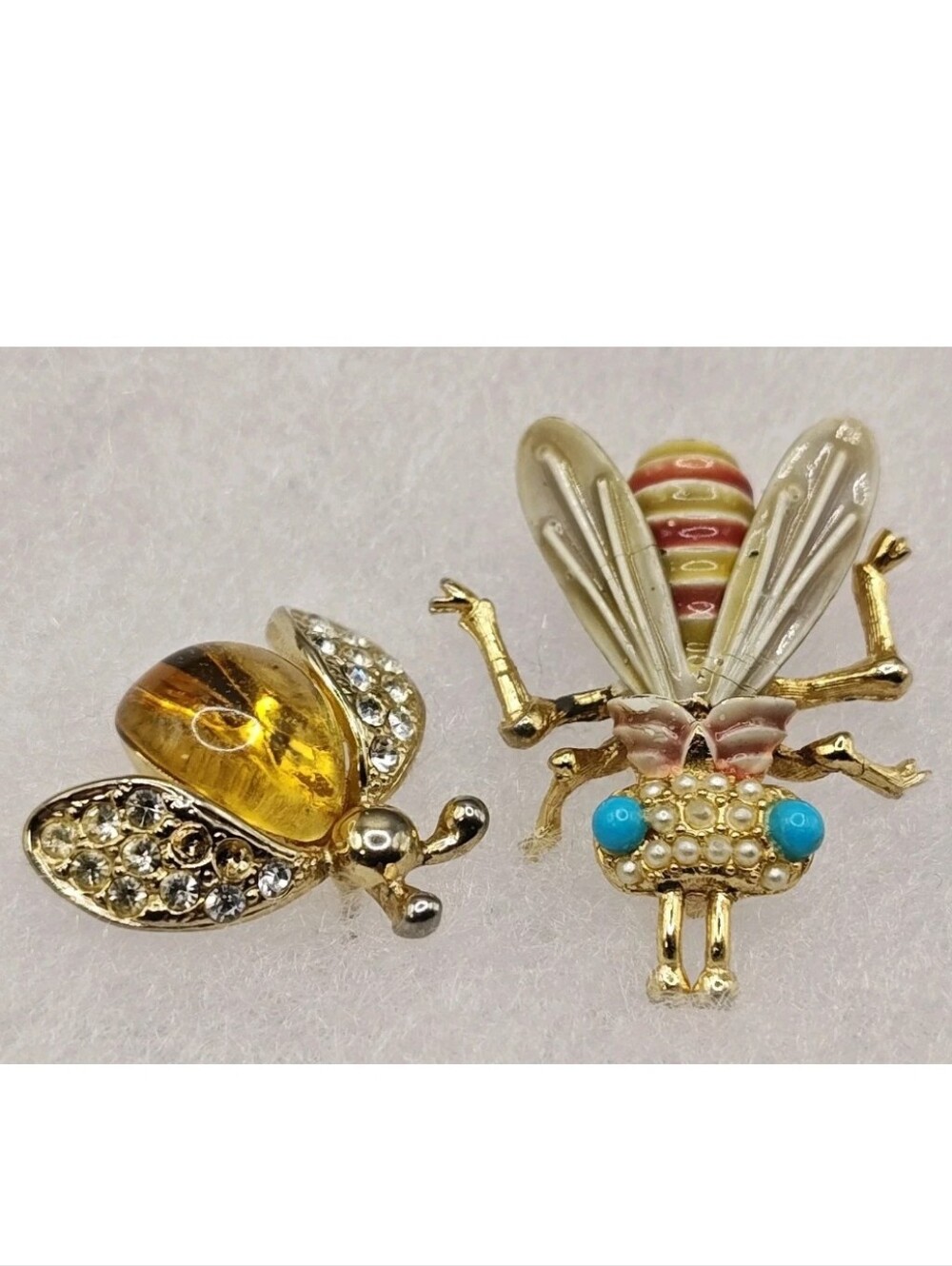 Vtg Bee Bug Flying Insects Enamel Brooch Glass Jelly Belly Lapel Pin Signed CFW